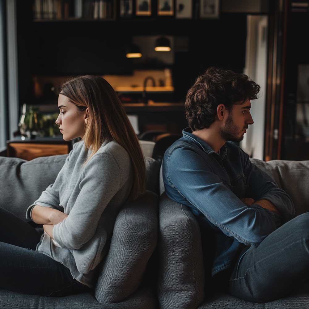 A couple sitting on a sofa in a living room, facing opposite directions, with frustrated or upset expressions. 