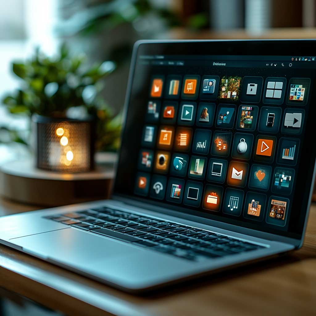 A laptop on a table displaying different icons, with a cozy home office background.