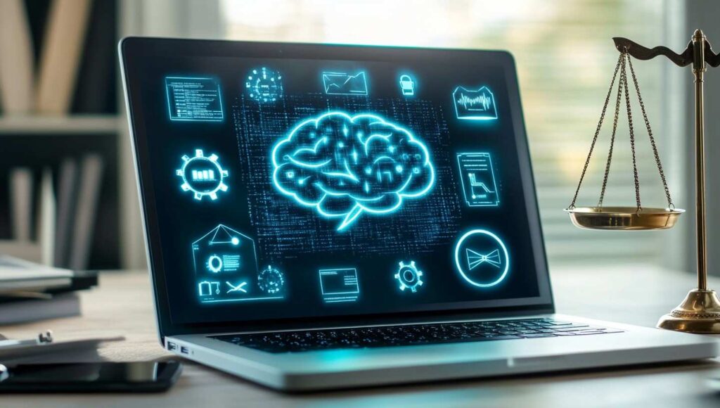 A futuristic laptop with a holographic display of AI symbols and icons like wedding rings, justice scales, and documents.