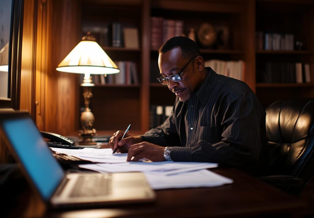 A man sitting in his cozy study room, focused on filling out divorce documents on his desk.