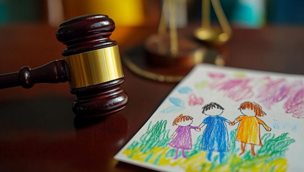 A gavel and a child’s drawing on a courtroom desk.