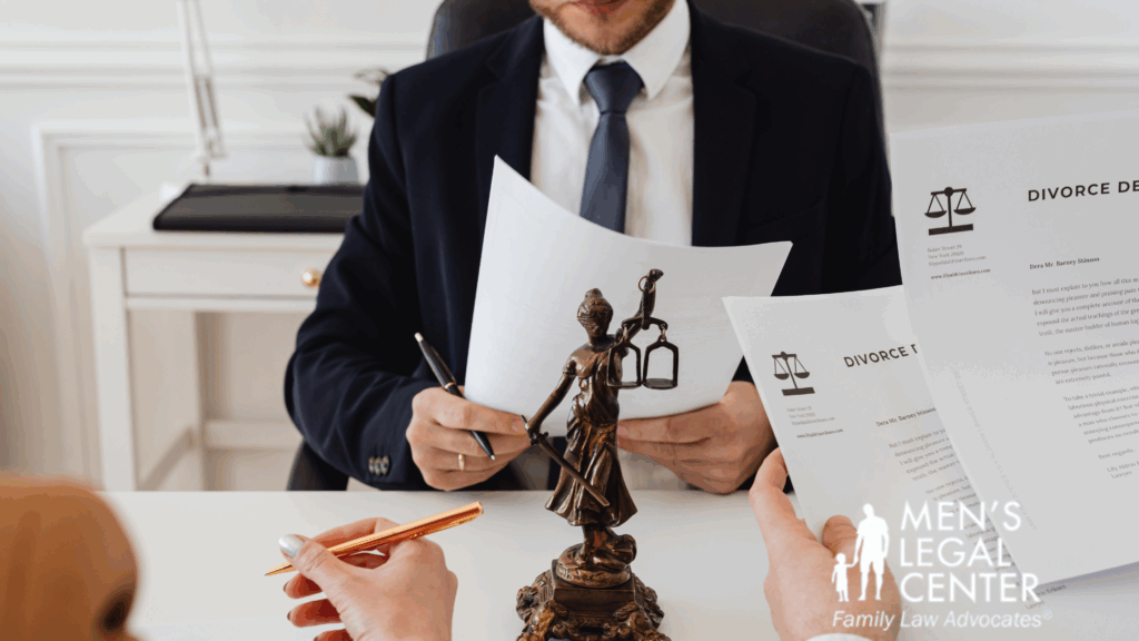 A lawyer in a professional office setting meeting with clients