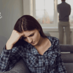 Wife sitting on a sofa while husband stands by the window,