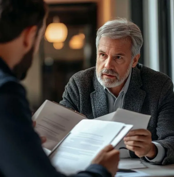 Two men in a professional setting reviewing documents, one with gray hair and beard.