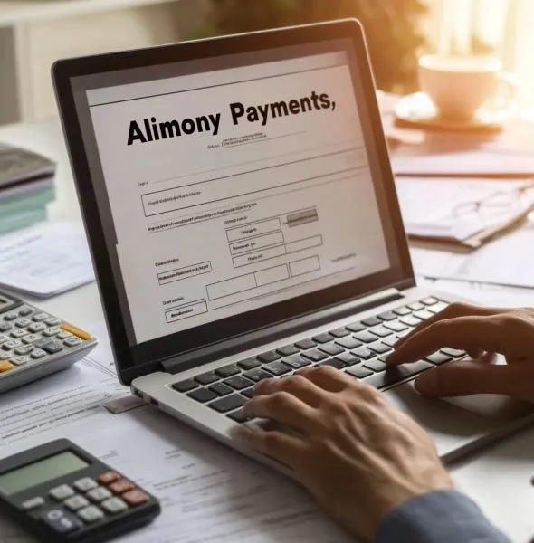 Laptop screen displaying an alimony payments form, with hands typing on keyboard.