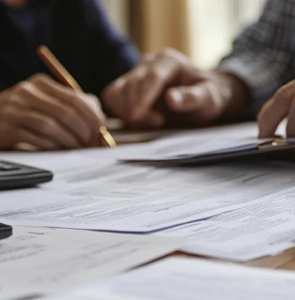 Two individuals reviewing and signing documents on a table with a calculator nearby.