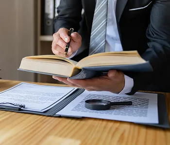 Person in business attire holding an open book and a pen over documents on a wooden table.