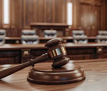 Wooden judge's gavel resting on sound block in an empty courtroom with chairs.