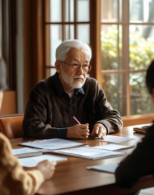 Elderly man with white hair and glasses writing on paper at a wooden table.