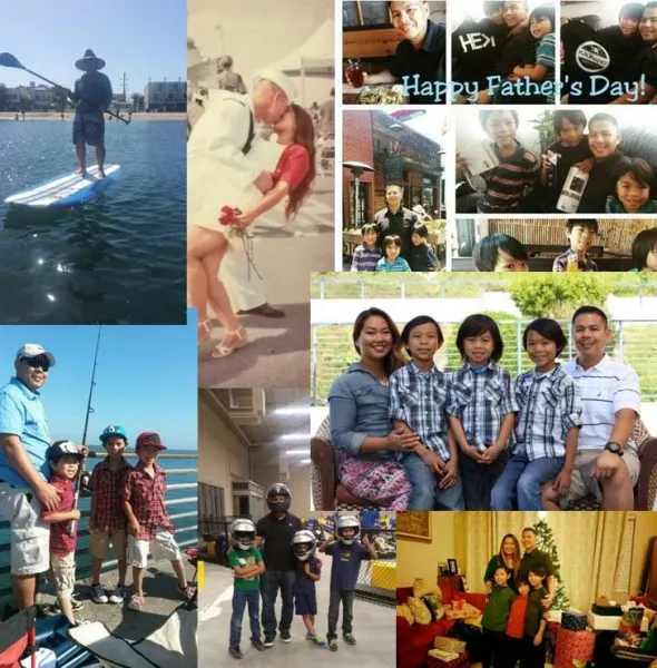 Collage of family moments including fishing, paddleboarding, group portraits, and holiday celebrations.