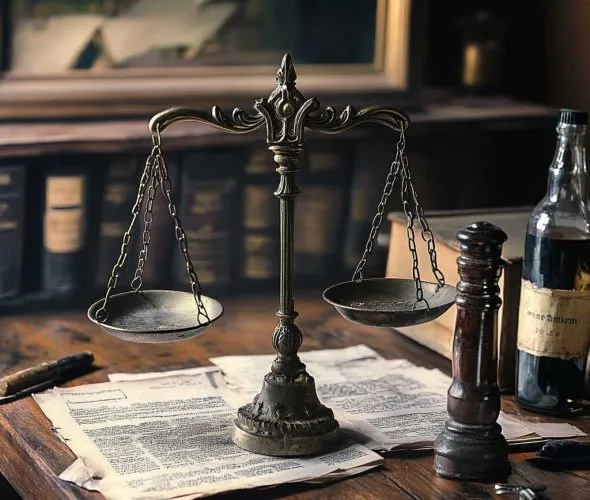 Antique brass balance scale on wooden desk with legal documents, gavel, and bottle.