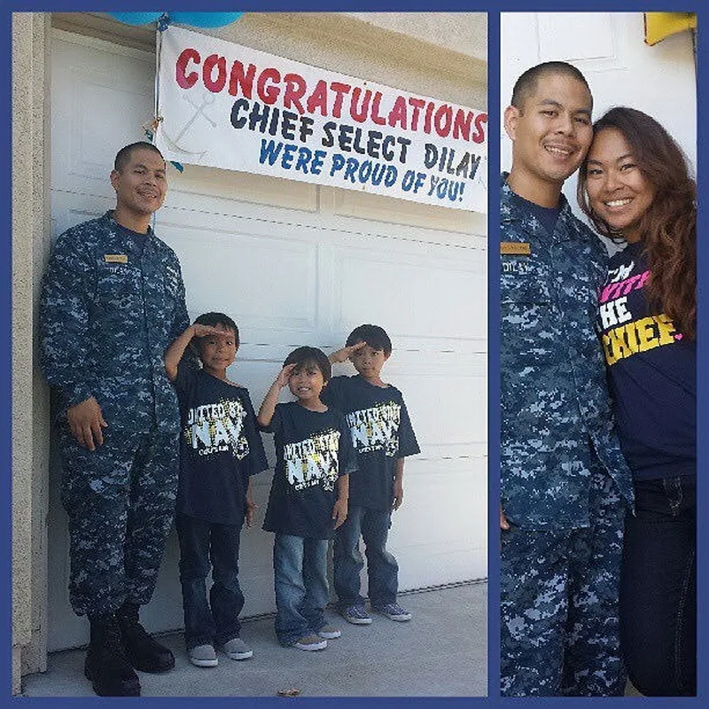 Two photos side by side: left, a man in Navy uniform with three children saluting under a congratulatory banner; right, the man with a woman smiling.