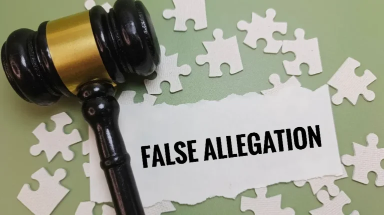 Wooden judge's gavel next to torn paper with "FALSE ALLEGATION" text and white puzzle pieces.