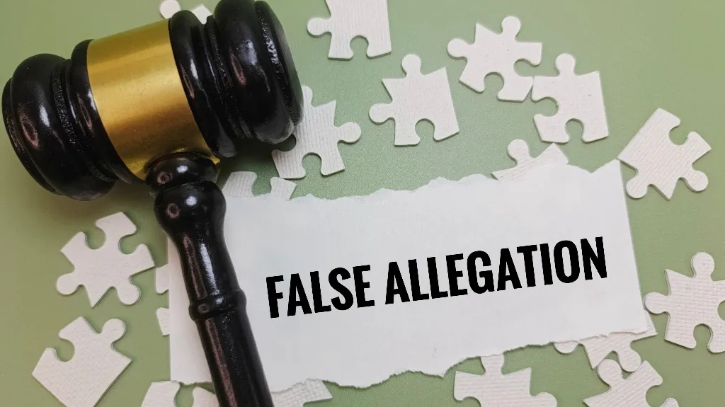 Wooden judge's gavel next to torn paper with "FALSE ALLEGATION" text and white puzzle pieces.