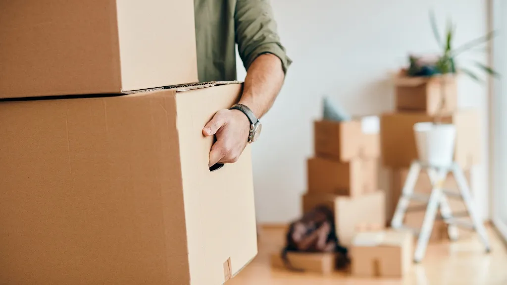 Person wearing a green shirt and watch carrying large cardboard moving boxes indoors.