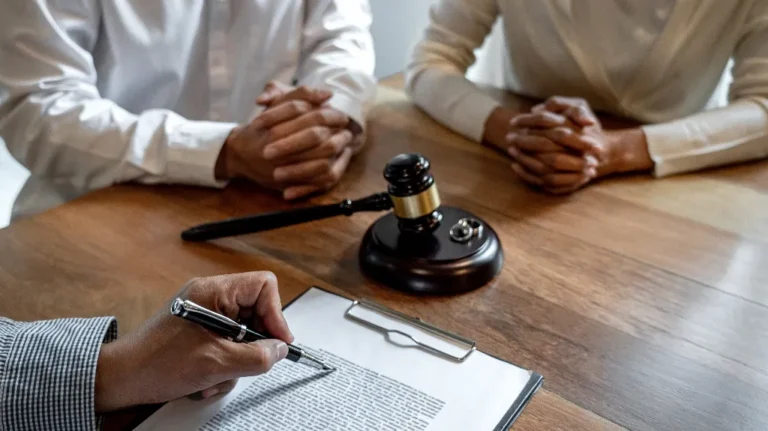 Two individuals with folded hands sit across a wooden table from a person holding a pen over a document, with a judge's gavel and wedding rings placed on the table.