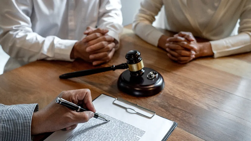Two individuals with folded hands sit across a wooden table from a person holding a pen over a document, with a judge's gavel and wedding rings placed on the table.