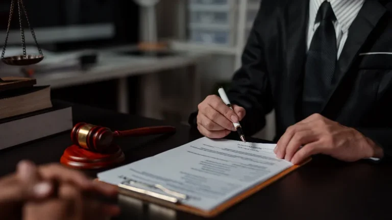 Person in dark suit signing legal document on desk with gavel and scales of justice.