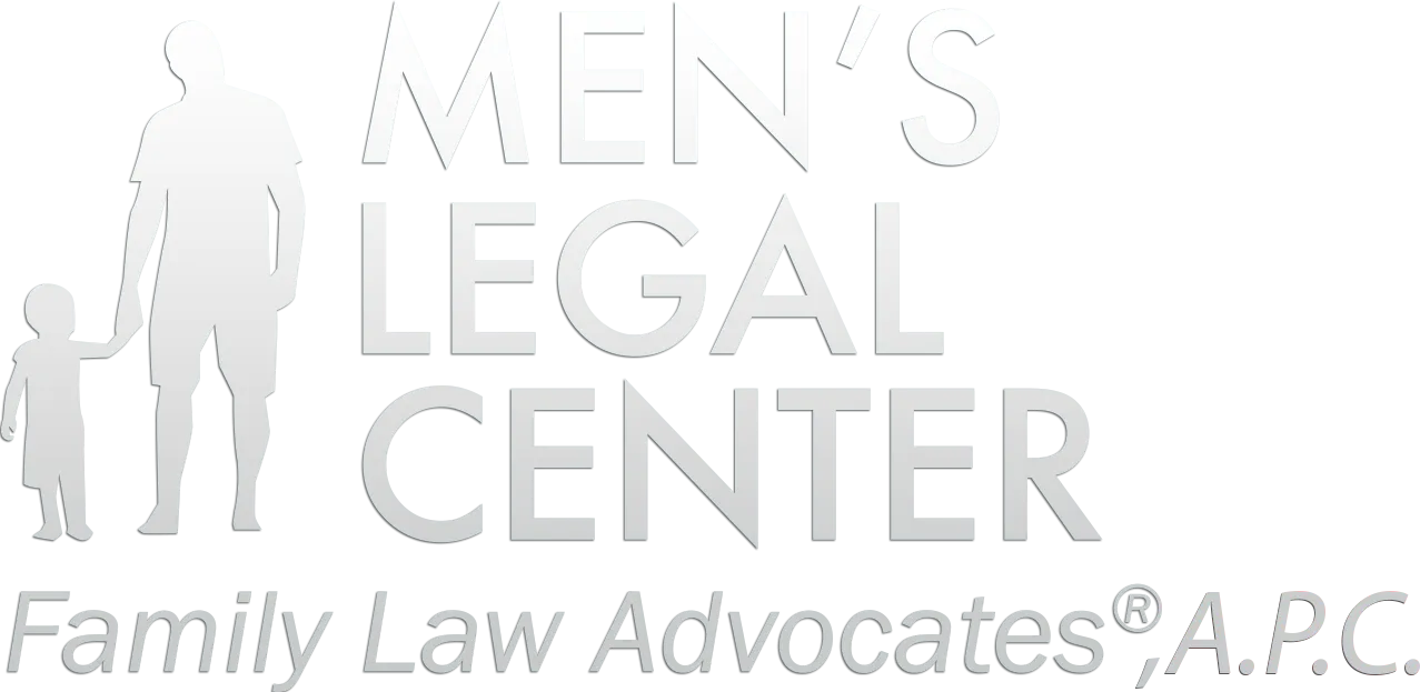 Logo with white silhouette of man and child holding hands, text "MEN'S LEGAL CENTER Family Law Advocates A.P.C." on dark background.