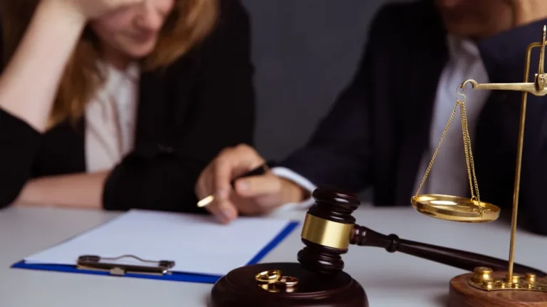 Two individuals in formal attire seated at a table with a gavel, wedding rings, and scales of justice.