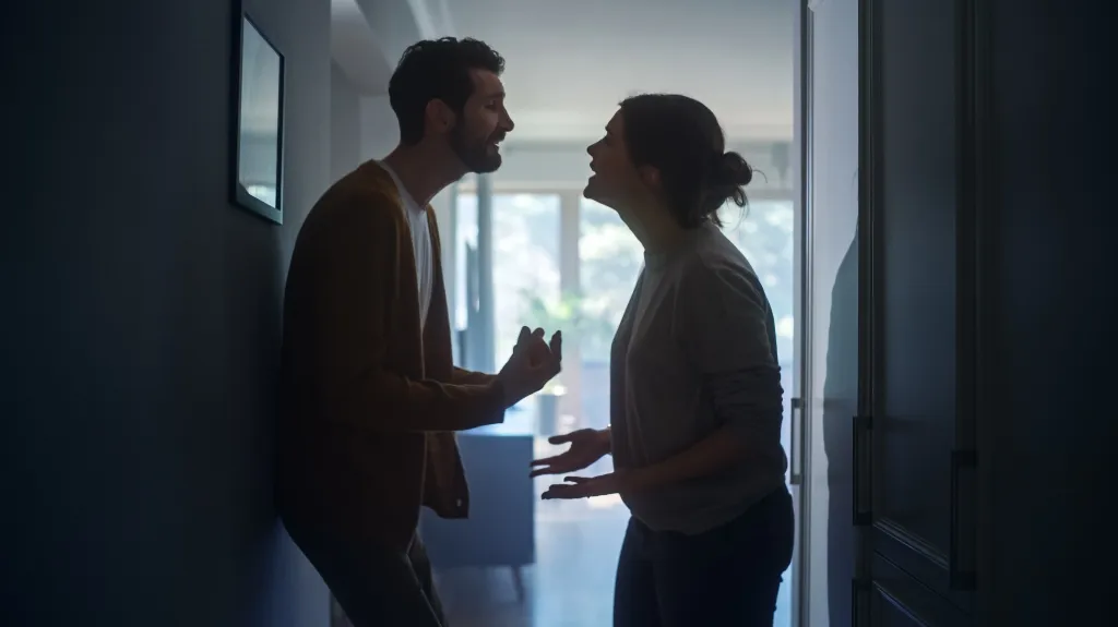 Two adults engaged in a heated argument inside a dimly lit hallway.
