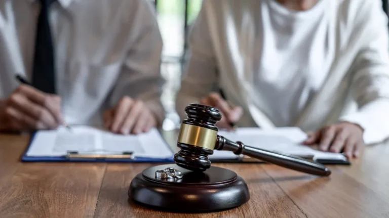 Wooden judge's gavel with two wedding rings on a table, blurred couple signing documents in background.