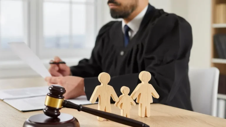 Judge in black robe reviewing documents with wooden family figures and gavel on desk.