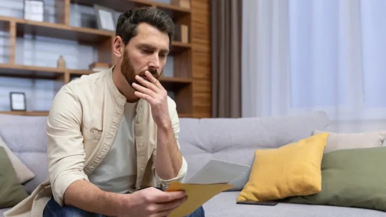 Man in beige shirt sitting on gray couch, looking thoughtfully at a document.