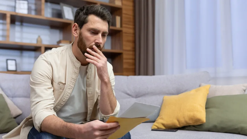 Man in beige shirt sitting on gray couch, looking thoughtfully at a document.