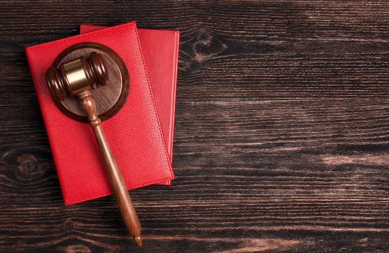 Wooden judge's gavel resting on two red leather-bound books on dark wood surface.