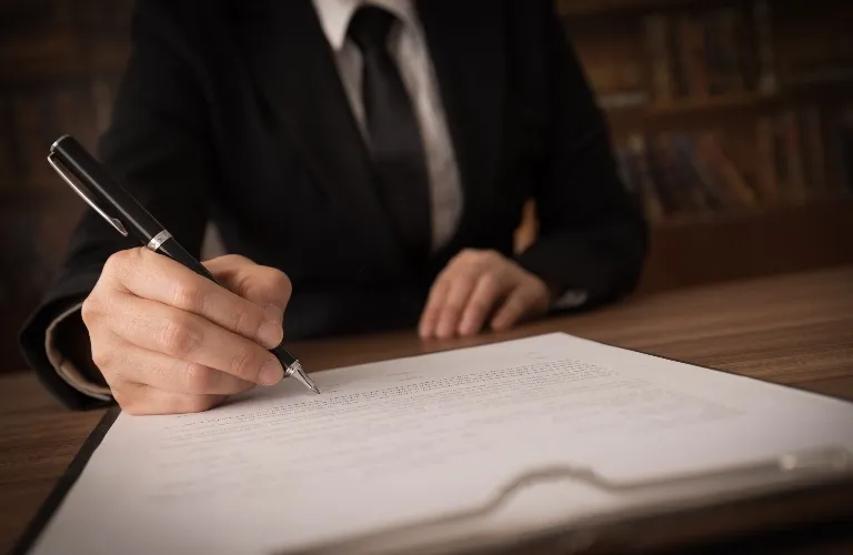 Person in black suit writing on a document with a pen at a wooden desk.